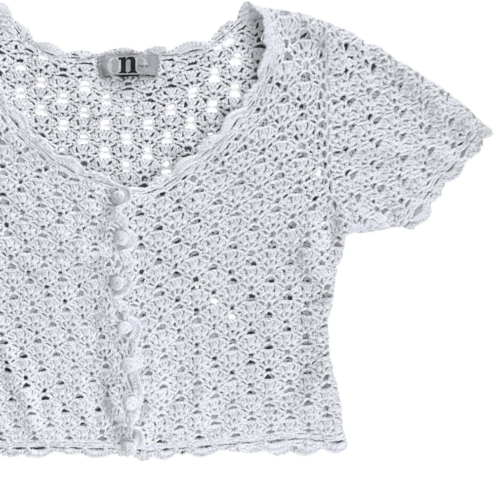 ONE step up y2k vintage Women's Crochet Knit Button Down Top - White